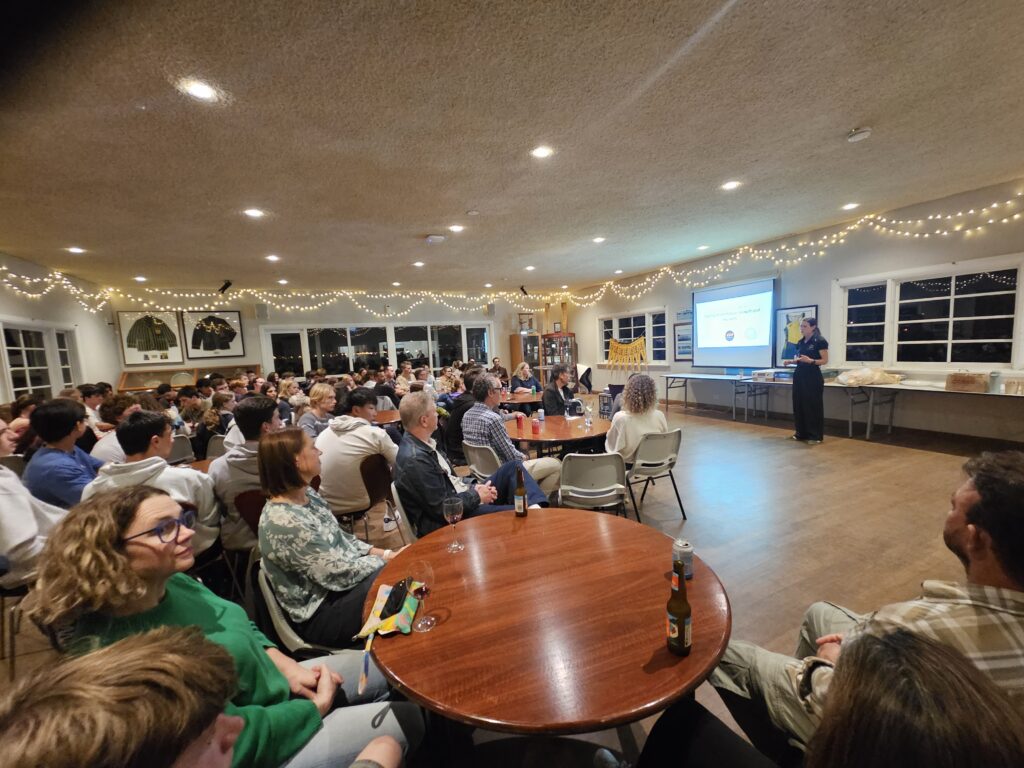 Sports dietitian Donna Kimpton presenting rowing performance nutrition strategies at the UWA Shenton Rowing Club Development Dinner in Perth