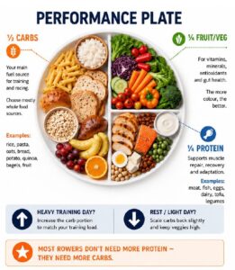 Performance plate guide for rowers and endurance athletes by sports dietitian Donna Kimpton Perth