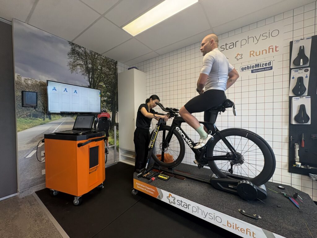 Professional Bikefit Perth studio at Star Physio West Perth with triathlon bike and Gebiomized saddle pressure mapping technology on screen