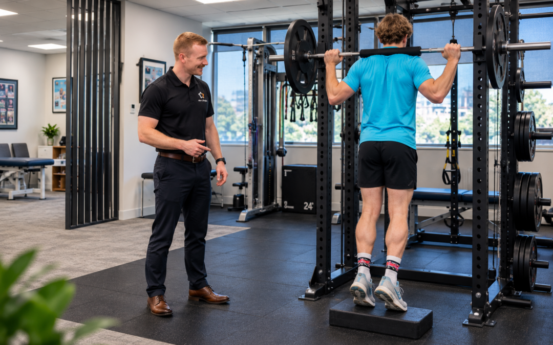 Star Physio physiotherapist Cillian Madden supervising a runner performing weighted calf raises during Achilles rehabilitation
