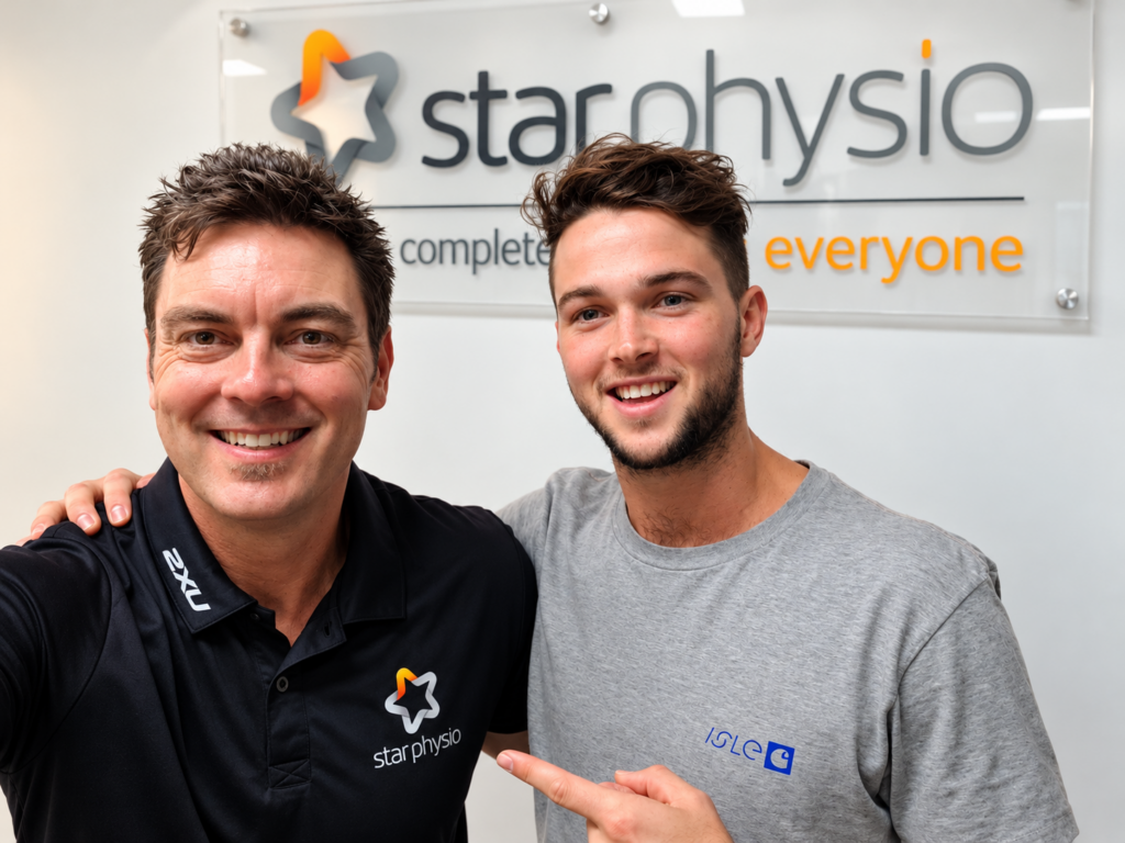 Star Physio sports physiotherapist Damian Oldmeadow with Australian volleyball captain Luke Perry at Star Physio Perth