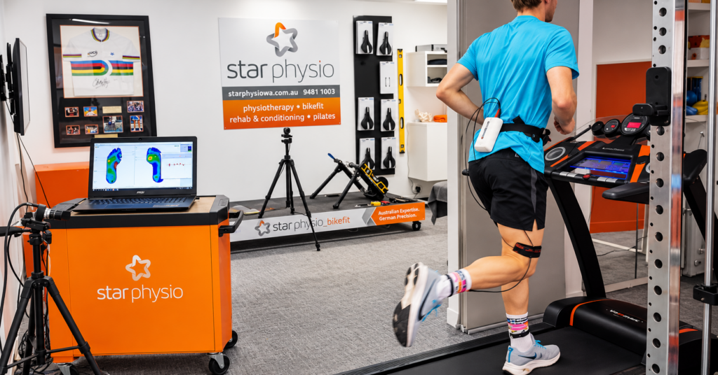 Runner undergoing treadmill gait analysis at Star Physio Perth using running biomechanics and foot pressure assessment equipment